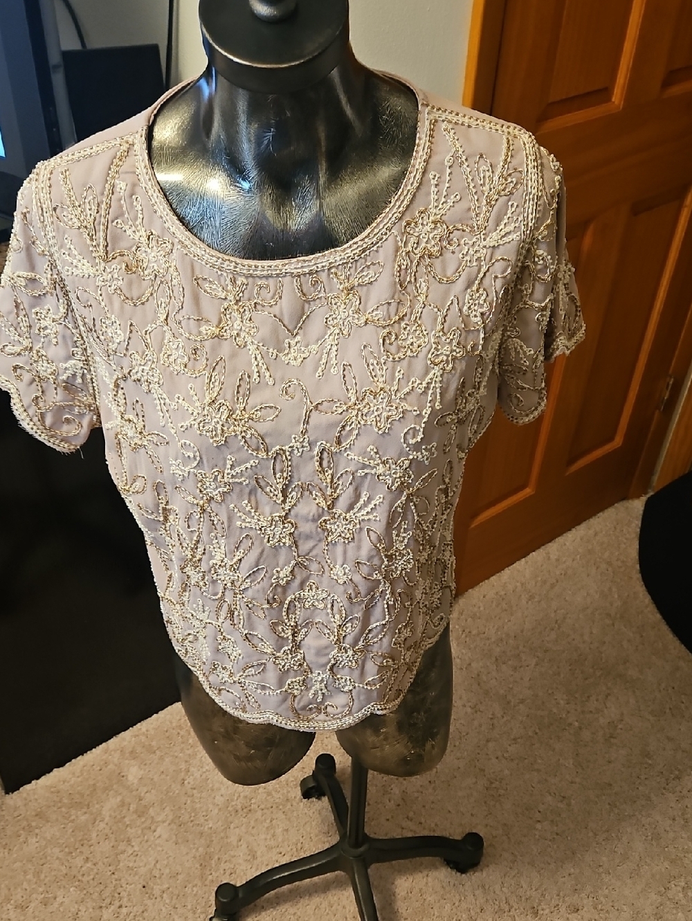 Endless Rose Beaded Short Sleeve Top - Light Taupe with Gold Embroidery